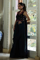 Teal Rose Velvet Blouse With Charmeuse Saree