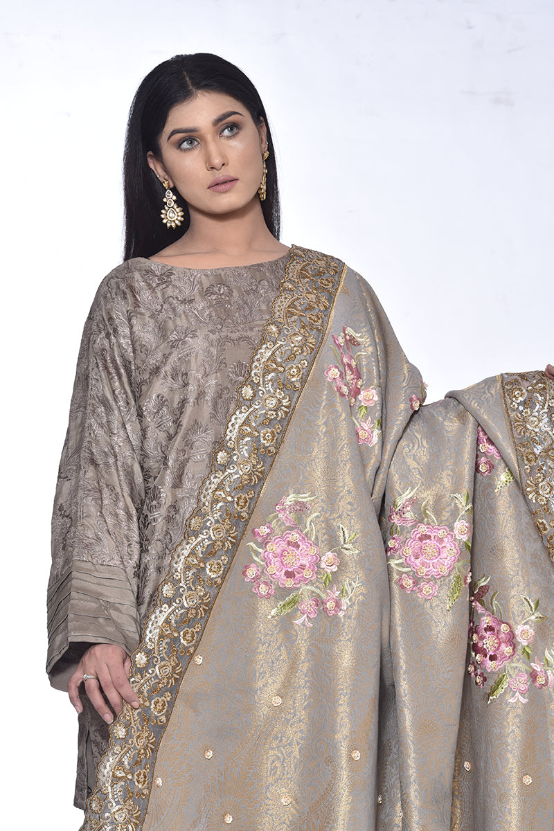 Silk Zari Shawl with Floral Embroidary and Gotta and Tilla Hand Work