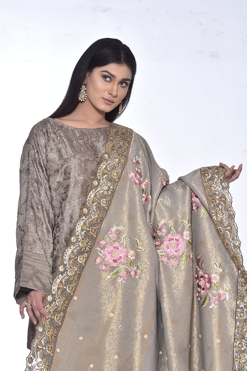 Silk Zari Shawl with Floral Embroidary and Gotta and Tilla Hand Work