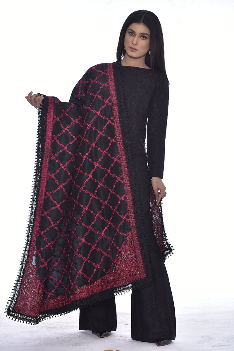 FULLY EMBROIDERED RAW SILK SHAWL