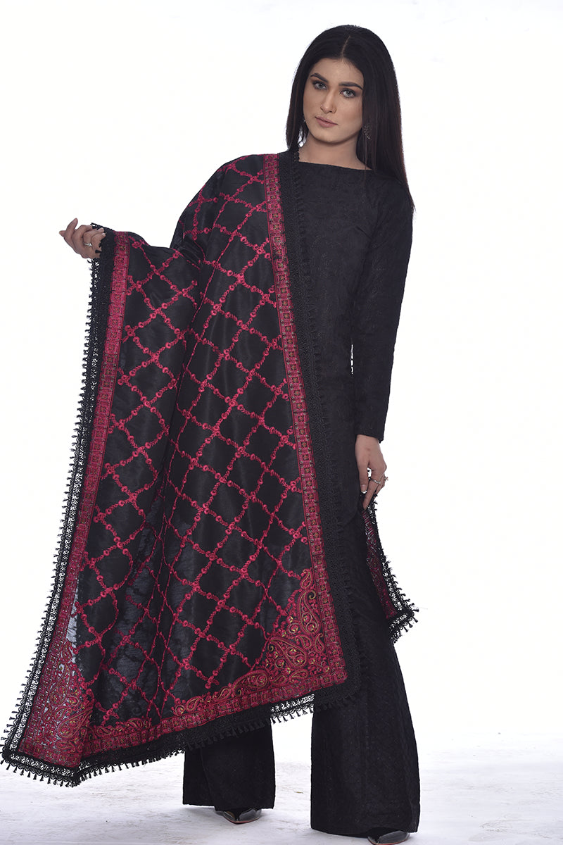 FULLY EMBROIDERED RAW SILK SHAWL