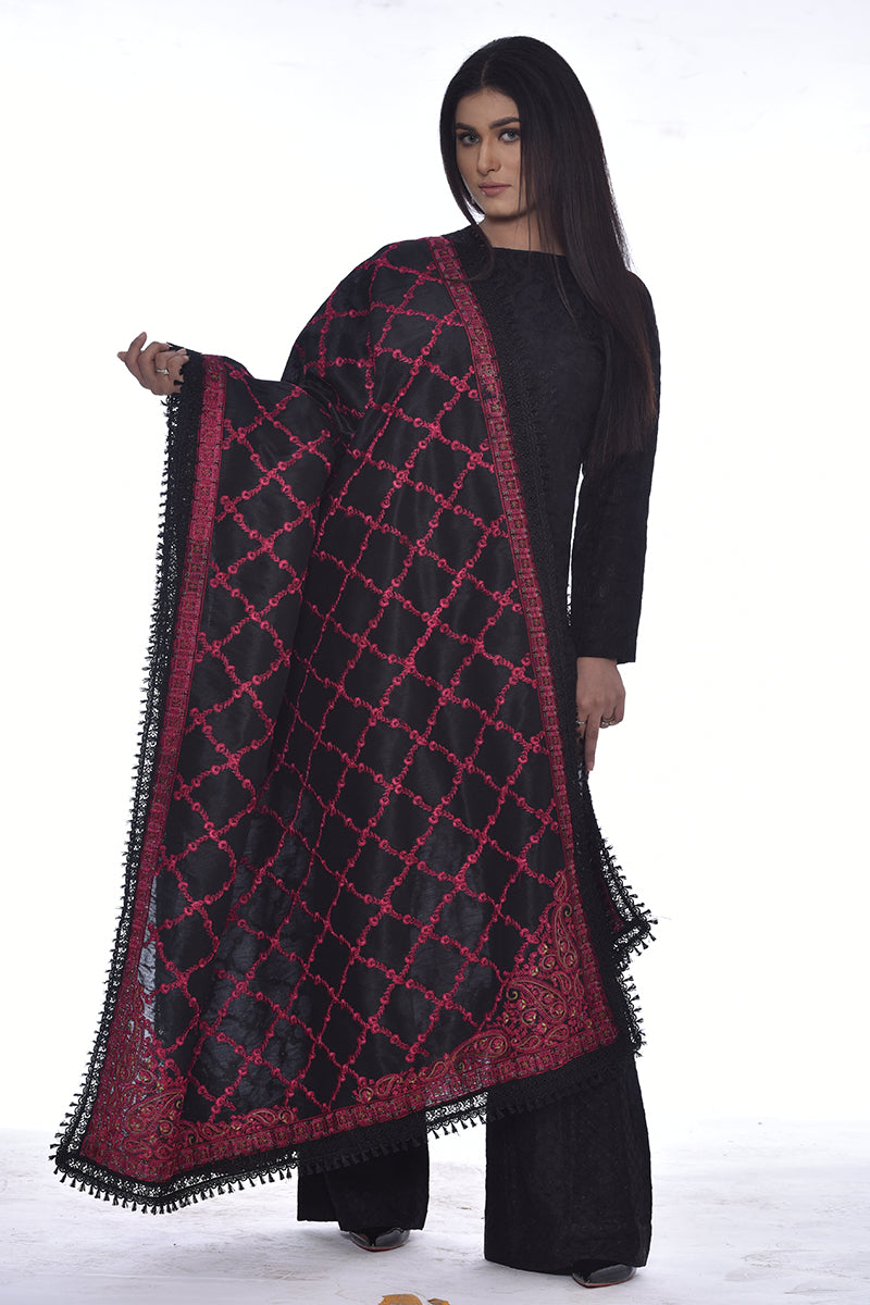 FULLY EMBROIDERED RAW SILK SHAWL