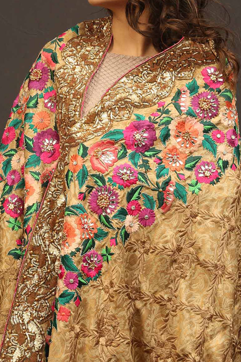 Gold Pink Floral Border Shawl (Heavy Formal)