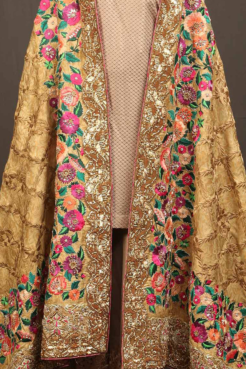 Gold Pink Floral Border Shawl (Heavy Formal)