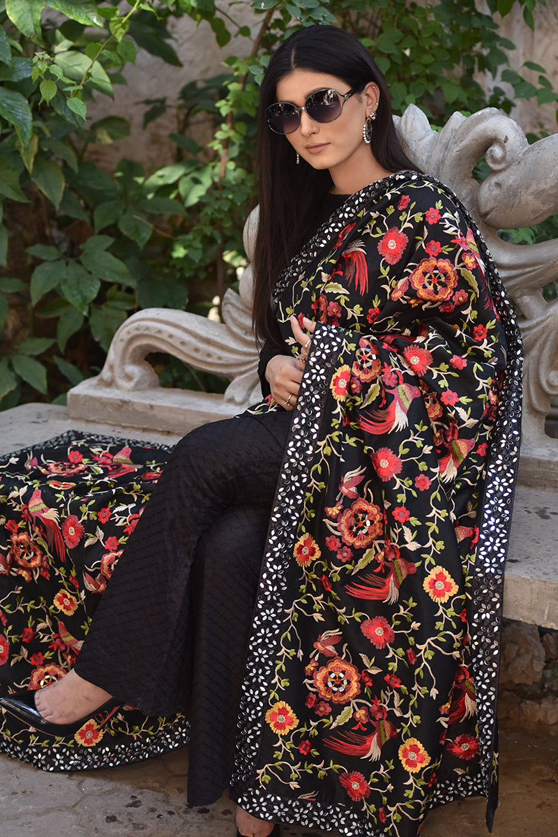 Fully Embroidered Raw Silk Black Shawl with Mirror Work