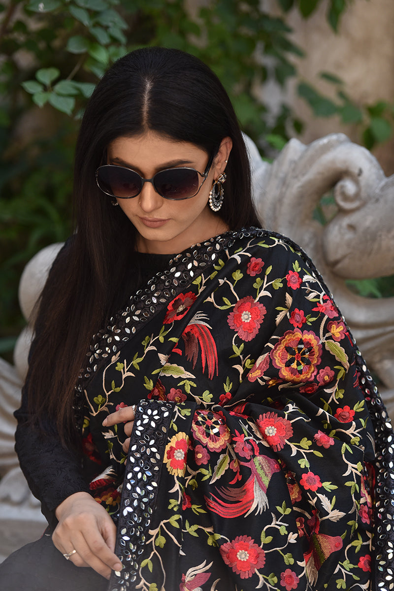 Fully Embroidered Raw Silk Black Shawl with Mirror Work