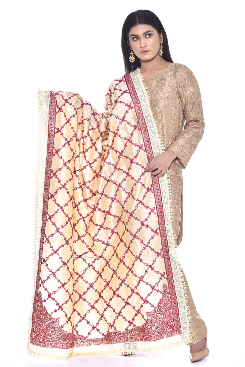 Fully Embroidered Raw Silk Shawl