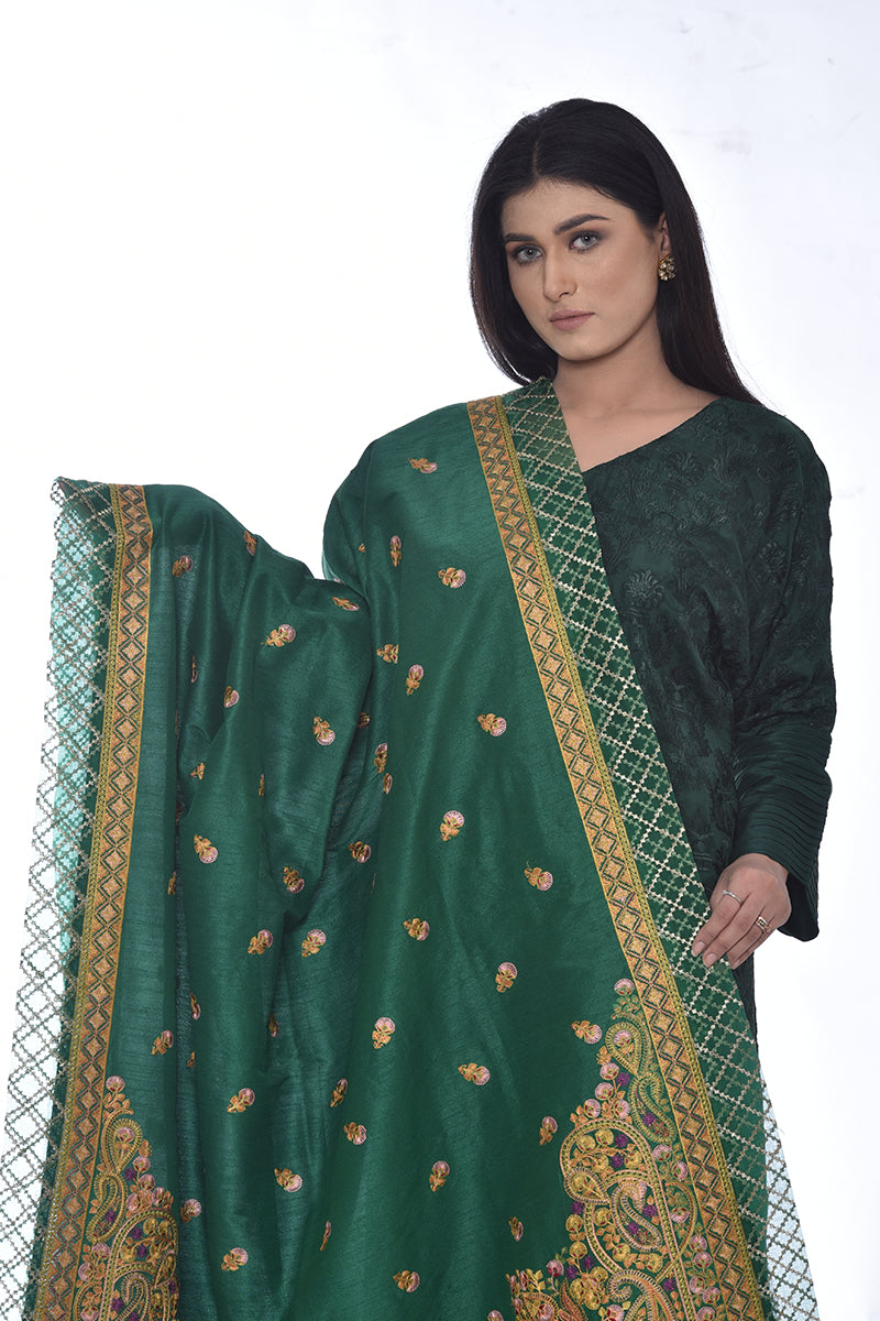 Raw Silk Shawl with Rice Stitch Embroidery