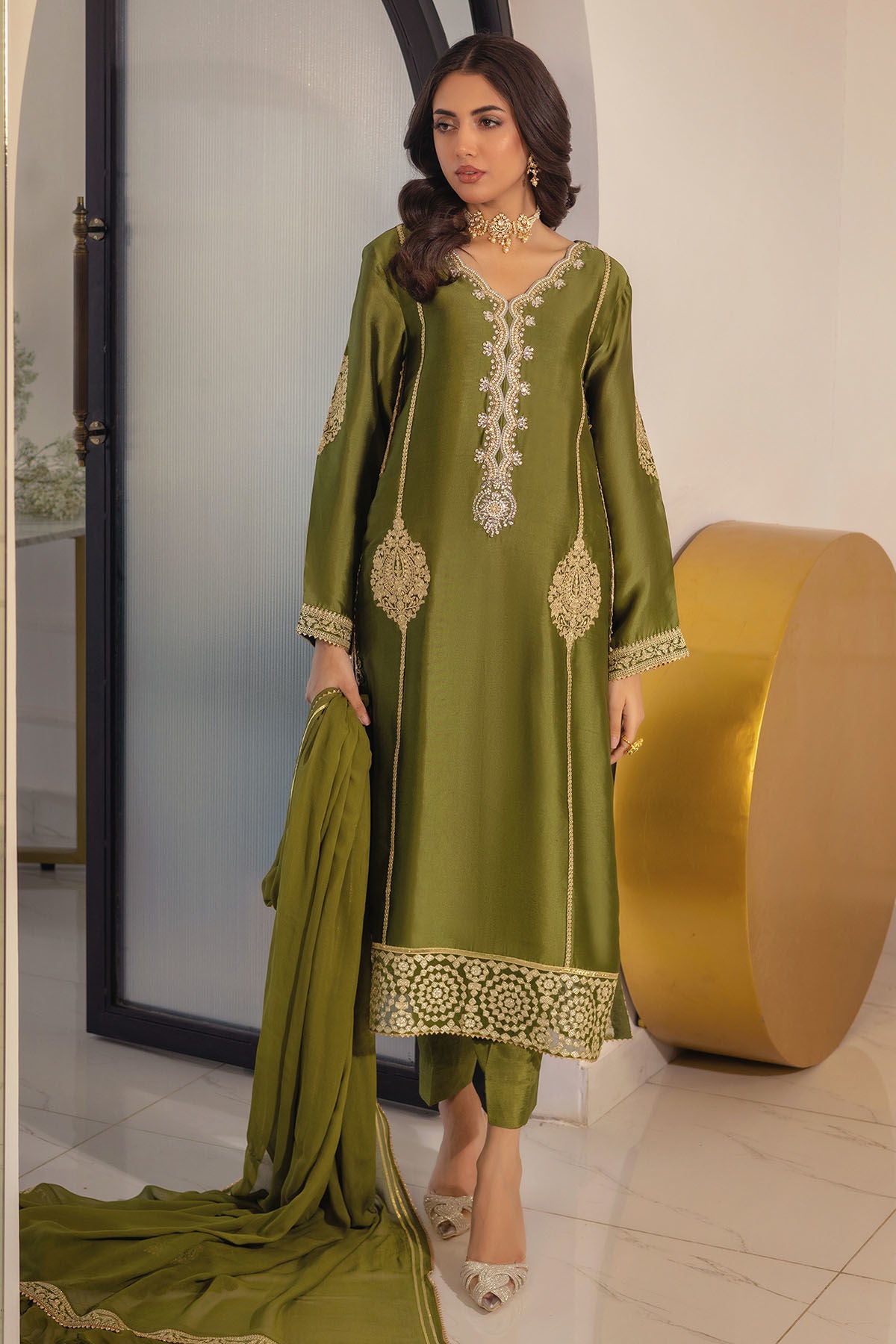 Runela Olive - Shirt, Pants and Dupatta