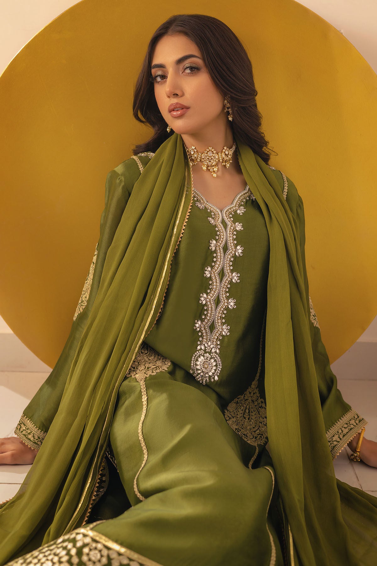 Runela Olive - Shirt, Pants and Dupatta