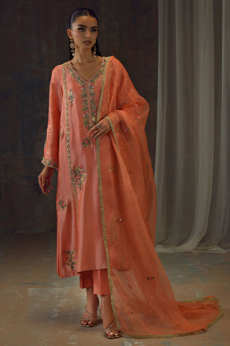 Peach Zari Long Full Set