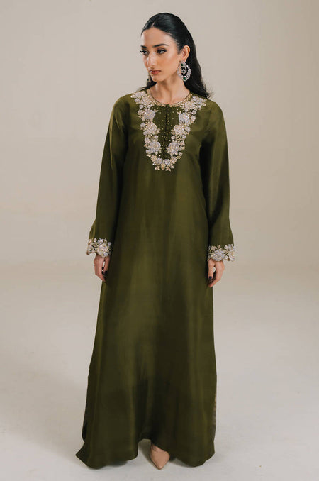 Dusty Olive In Silk - Dupatta With Sequence Spray