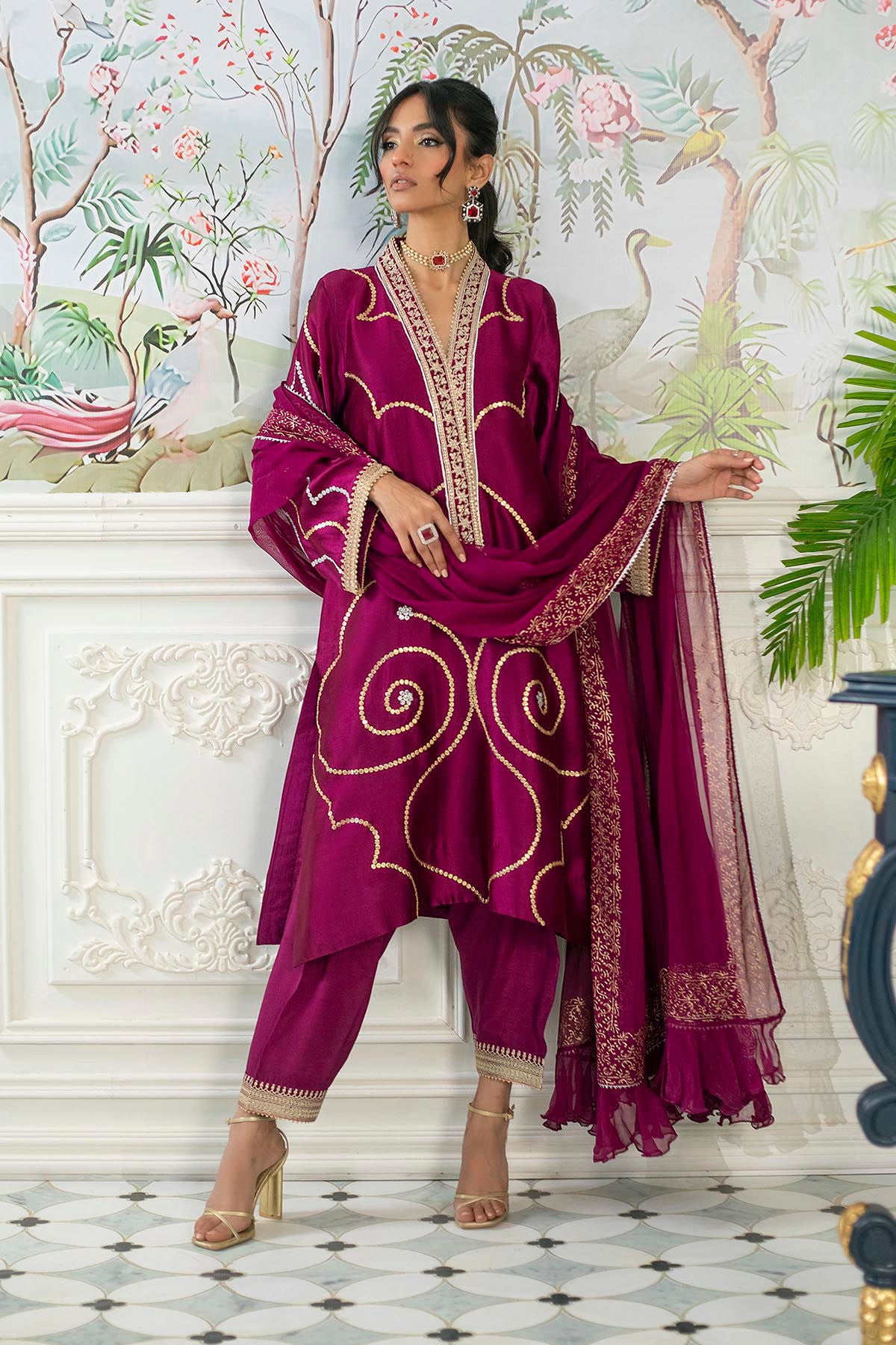 Izali Cranberry- Shirt, Pants And Dupatta