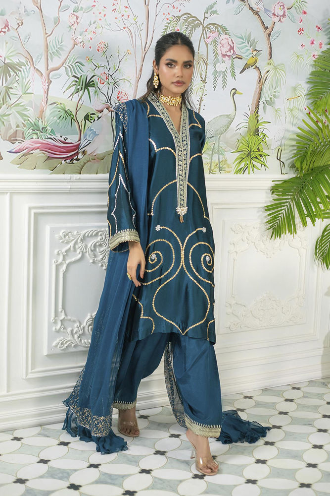 Izali Deep Teal- Shirt, Pants And Dupatta
