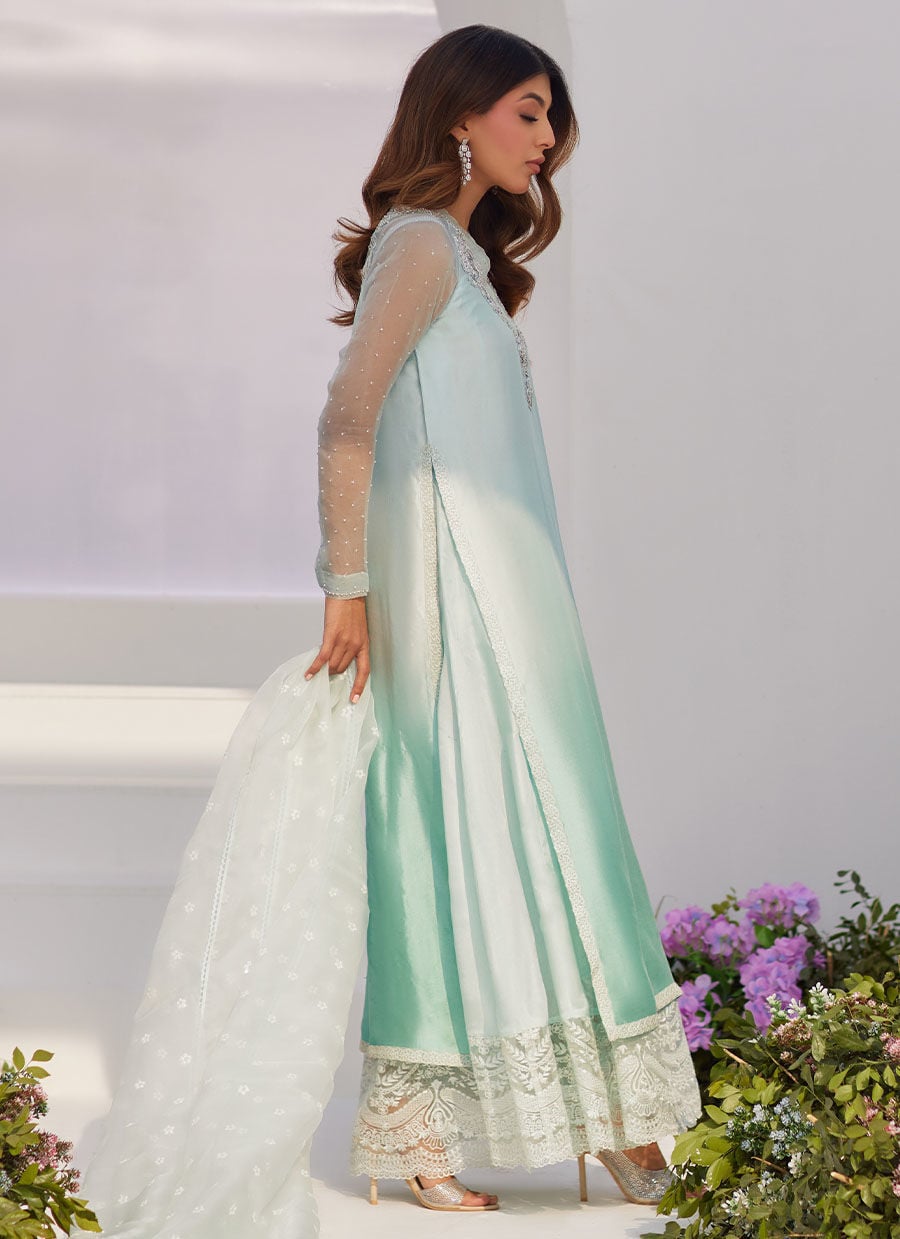 Solene Aqua Ombre Embellished Column Shirt With Embroidered Kalidaar Slip