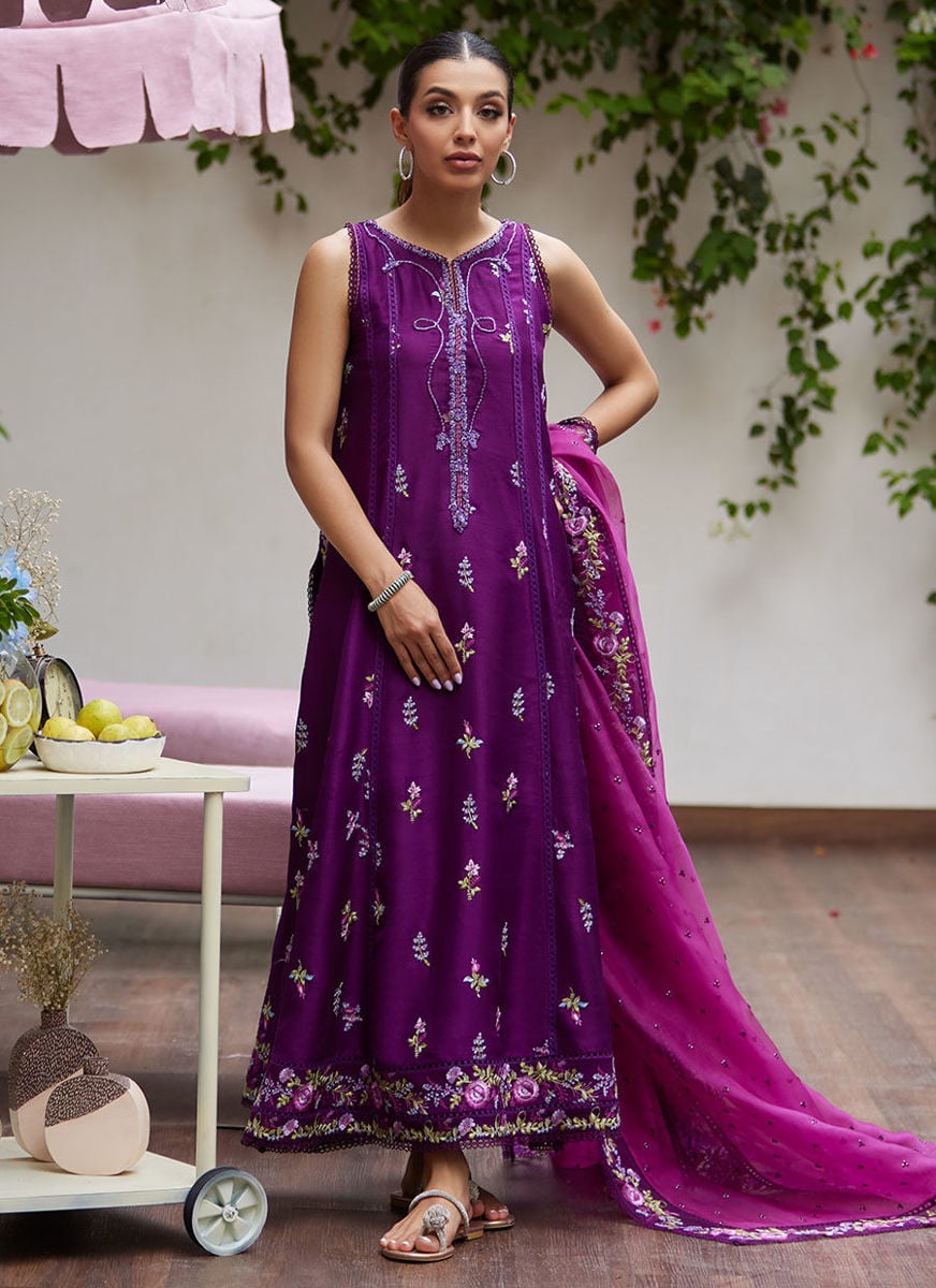 Irina Plum Embroidered Raw Silk Shirt With Dupatta