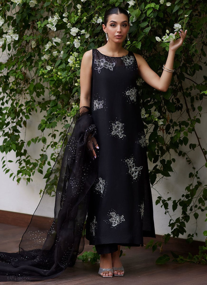 Lev Onyx Embellished Raw Silk Shirt And Organza Dupatta