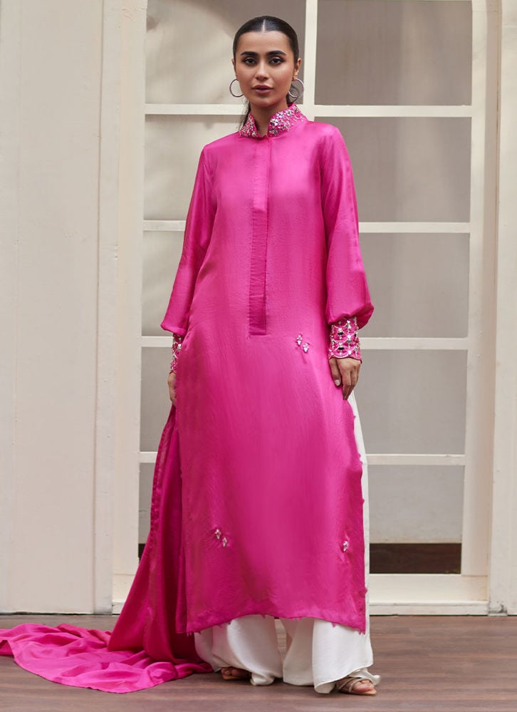 Vanka Fuschia Raw Silk Shirt And Dupatta