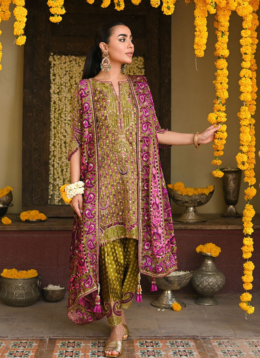 Alira Mehndi Green Kurta And Shalwar With Embellished Block Print Dupatta