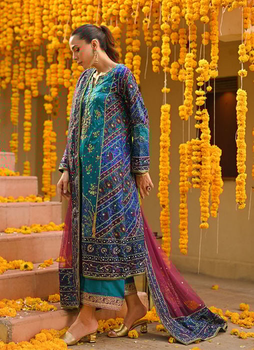 Lumi Bright Mustard Embellished Kurta And Block Printed Dupatta