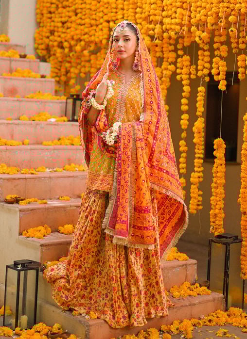 Lumi Bright Mustard Embellished Kurta And Block Printed Dupatta