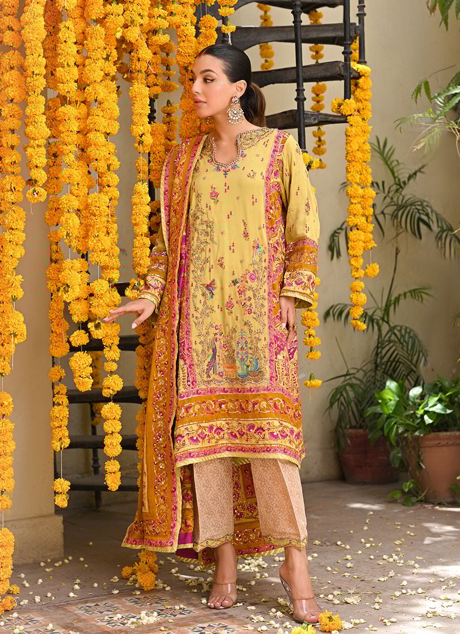 Nymeria Kiwi Green Kurta, Embellished Block Print Dupatta And Izaar