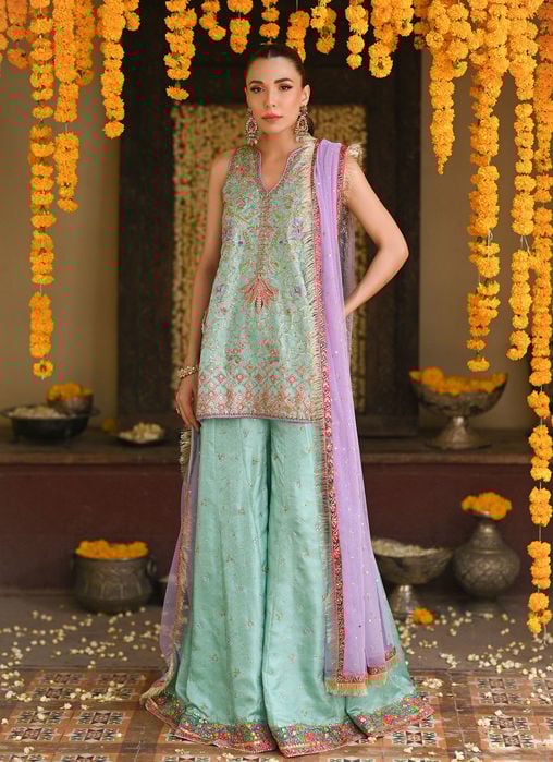 Losalie Saffaron Embellished Shirt Block Print Gharara And Dupatta