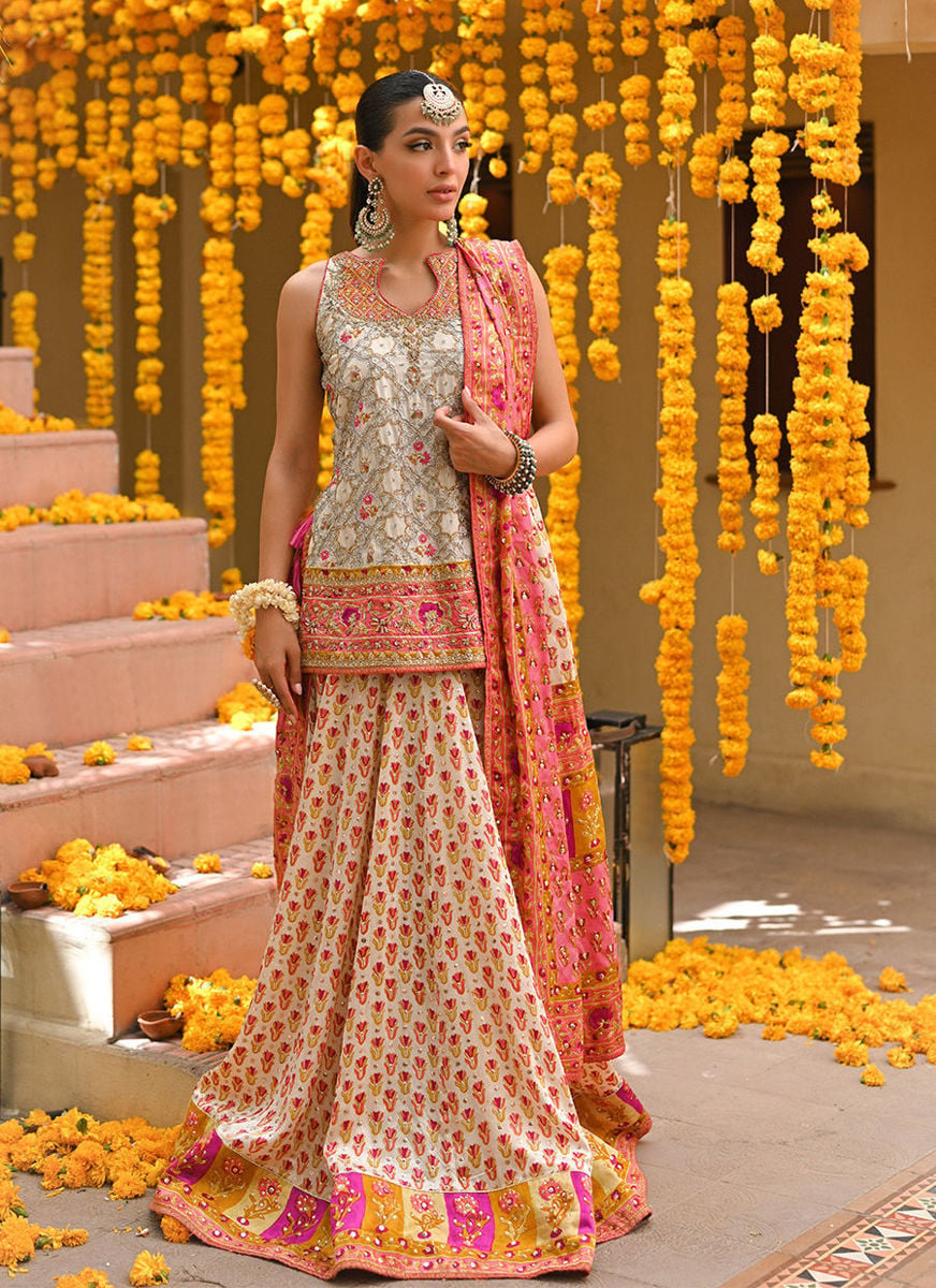 Marilla Ivory Short Shirt With Lengha And Block Printed Dupatta