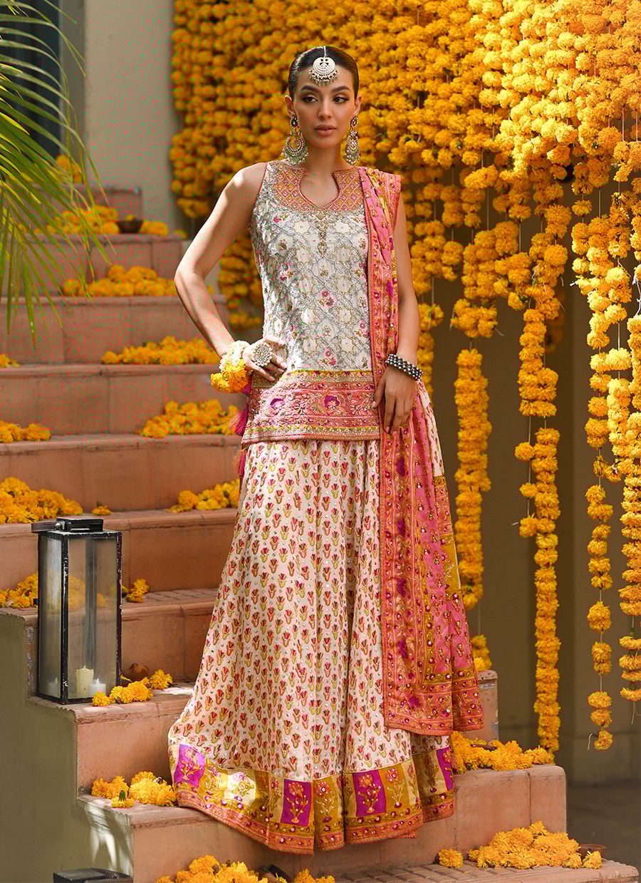 Marilla Ivory Short Shirt With Lengha And Block Printed Dupatta