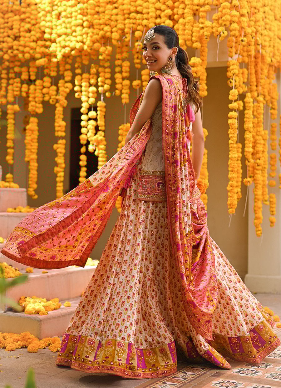 Marilla Ivory Short Shirt With Lengha And Block Printed Dupatta