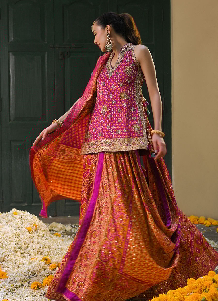 Ayala Magenta Pink Block Printed Shirt Dupatta And Lengha