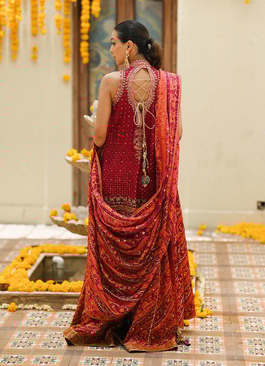 Primrose Crimson Angharkha, Embellished Do-Paincha Dhakha And Block Print Dupatta