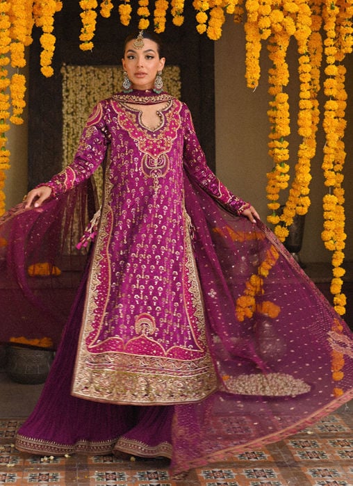 Losalie Saffaron Embellished Shirt Block Print Gharara And Dupatta