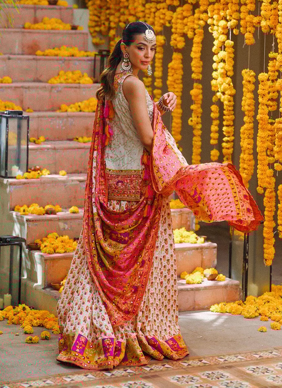 Marilla Ivory Short Shirt With Lengha And Block Printed Dupatta