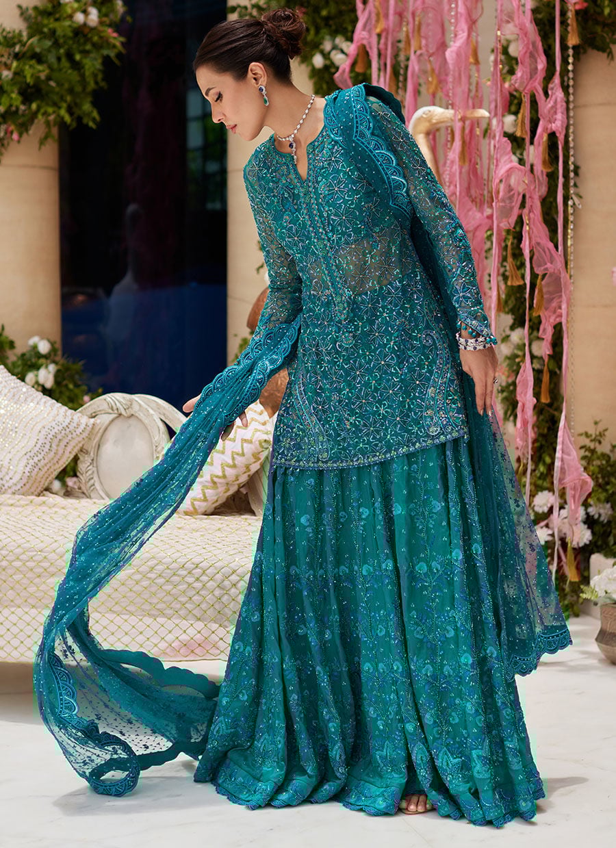 Miral Teal Short Shirt And Lehenga