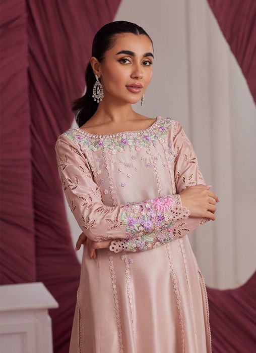 Elea Peach Embroidered Raw Silk Shirt And Dupatta