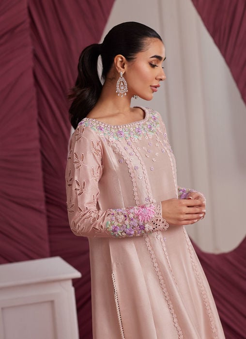 Elea Peach Embroidered Raw Silk Shirt And Dupatta
