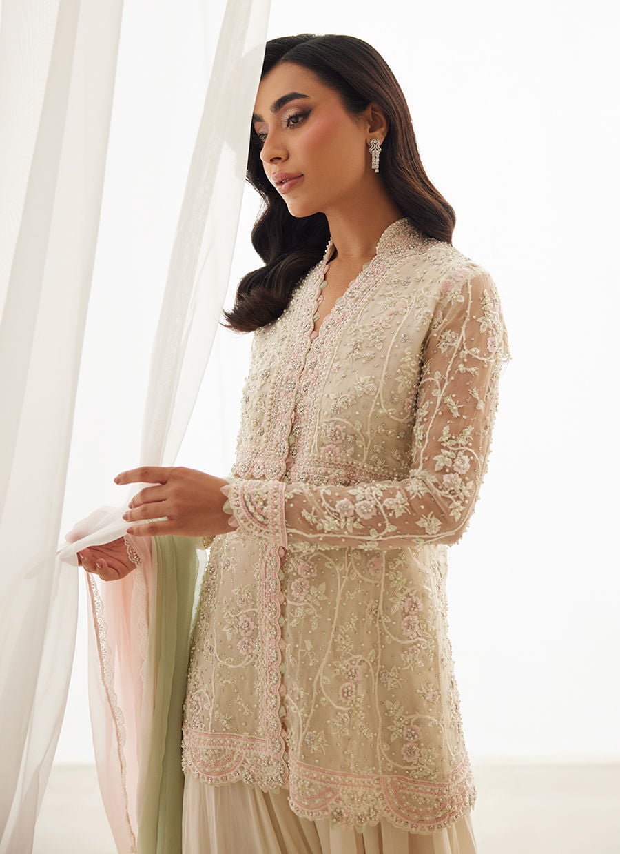 Zariah Ivory Peplum, Lehenga And Dupatta