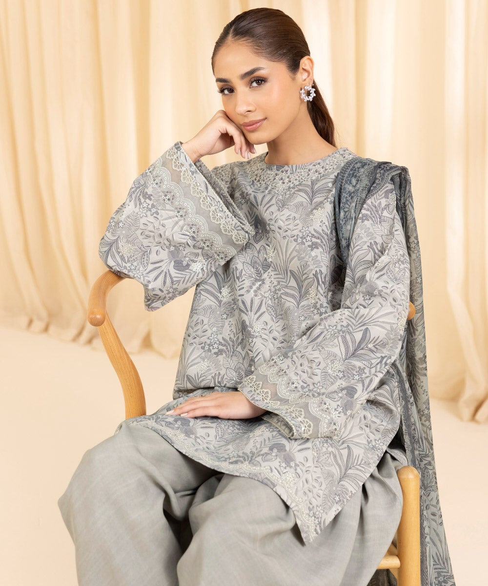 3 Piece -  Embroidered Silk Suit