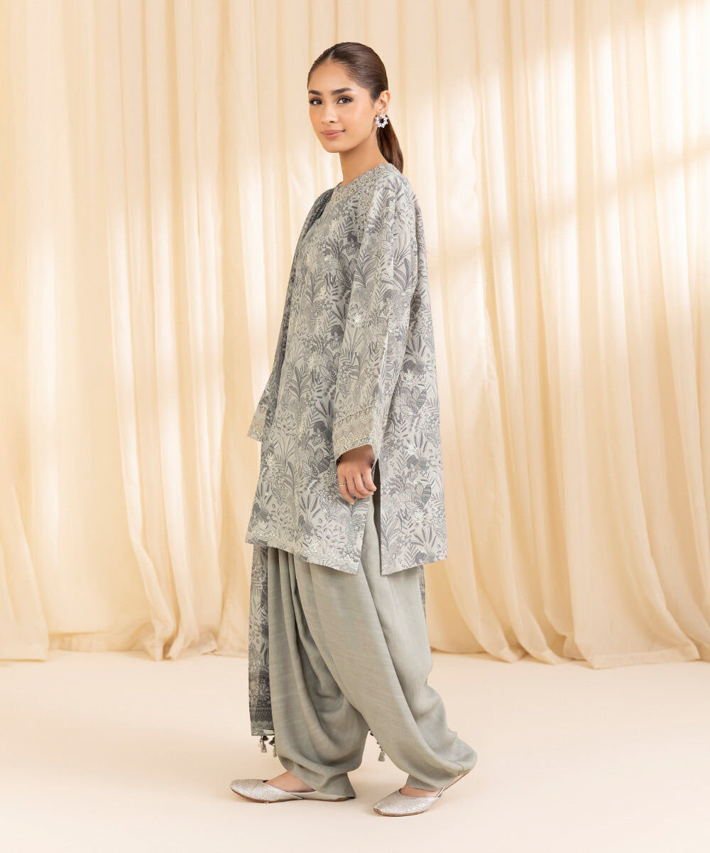 3 Piece -  Embroidered Silk Suit