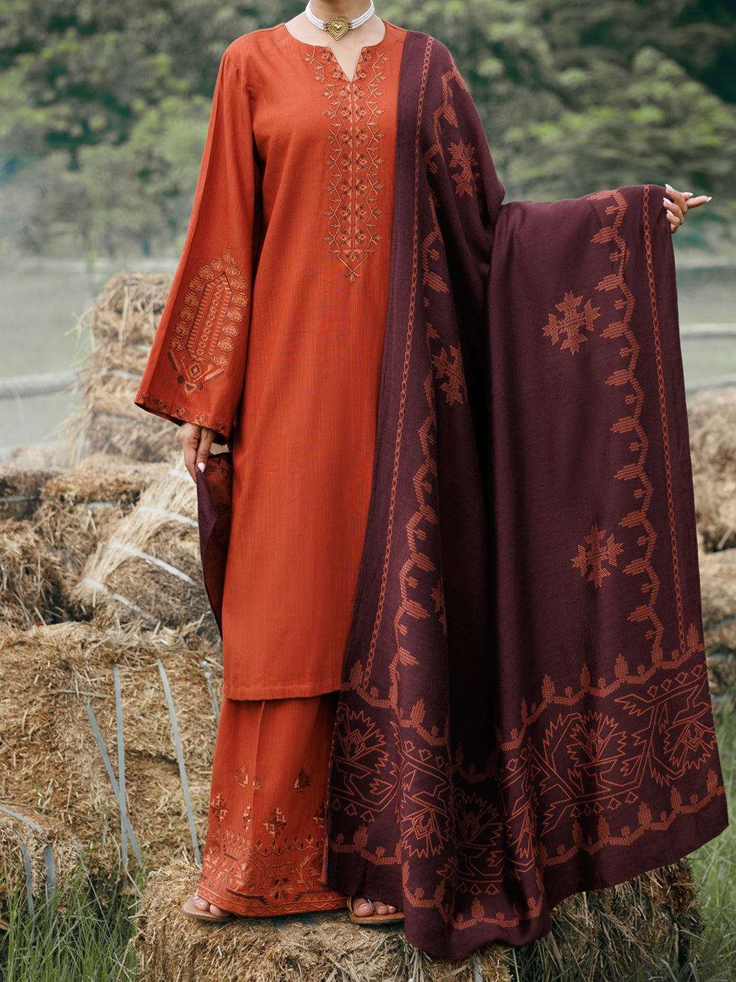 Rust Cotton Slub 3Pc Stitched - AWP-3PS-971