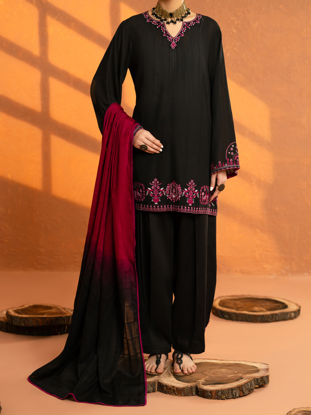 Black Cotton Dobby Stitched 3Pc - AWP-3PS-964