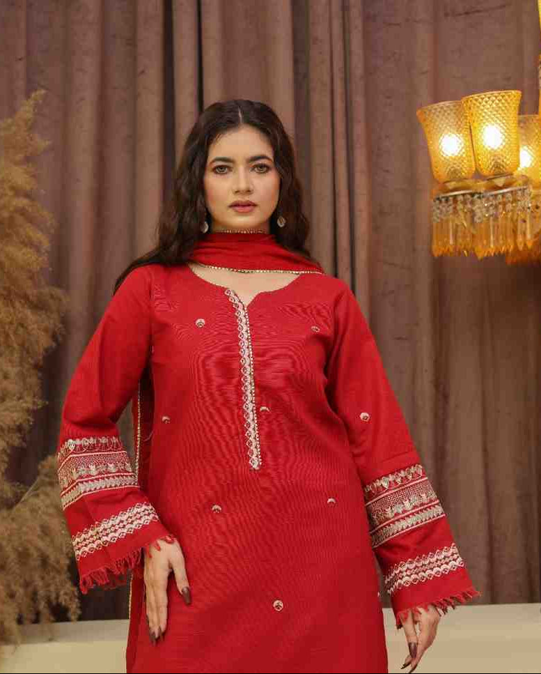 Red Noir 3 piece stitched Khaddar dress for women