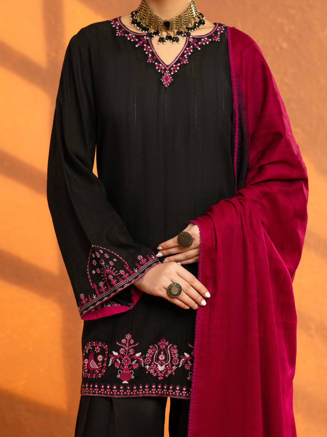 Black Cotton Dobby Stitched 3Pc - AWP-3PS-964