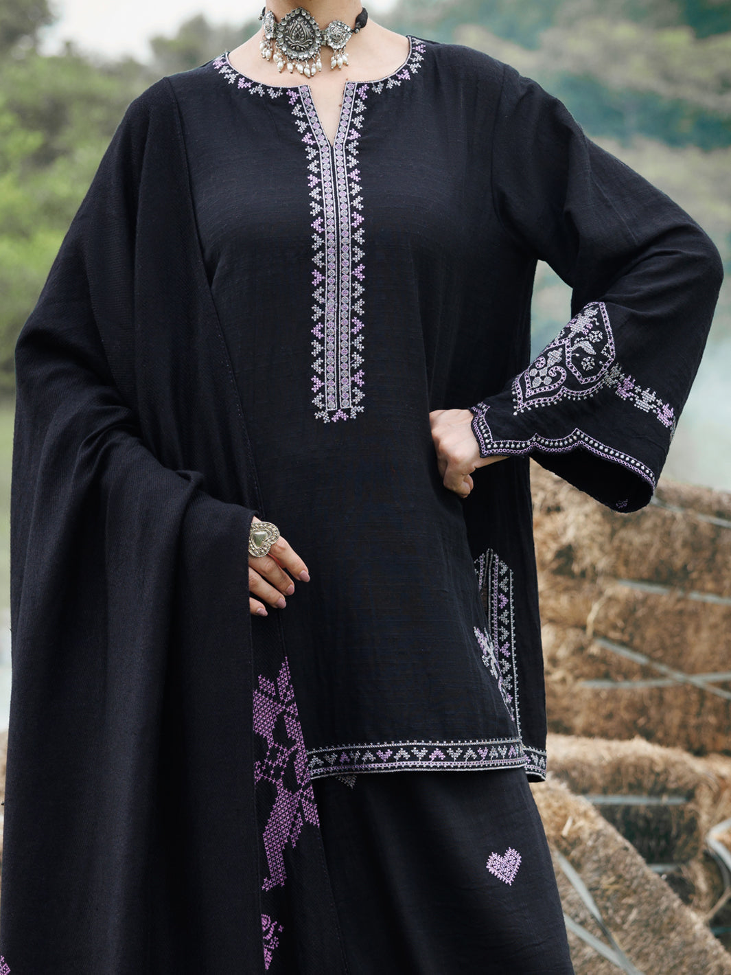 Black Cotton Slub 3Pc Stitched - AWP-3PS-972