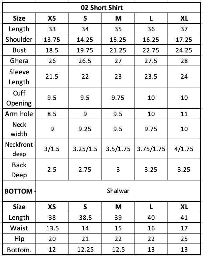 Size Chart (inches)
