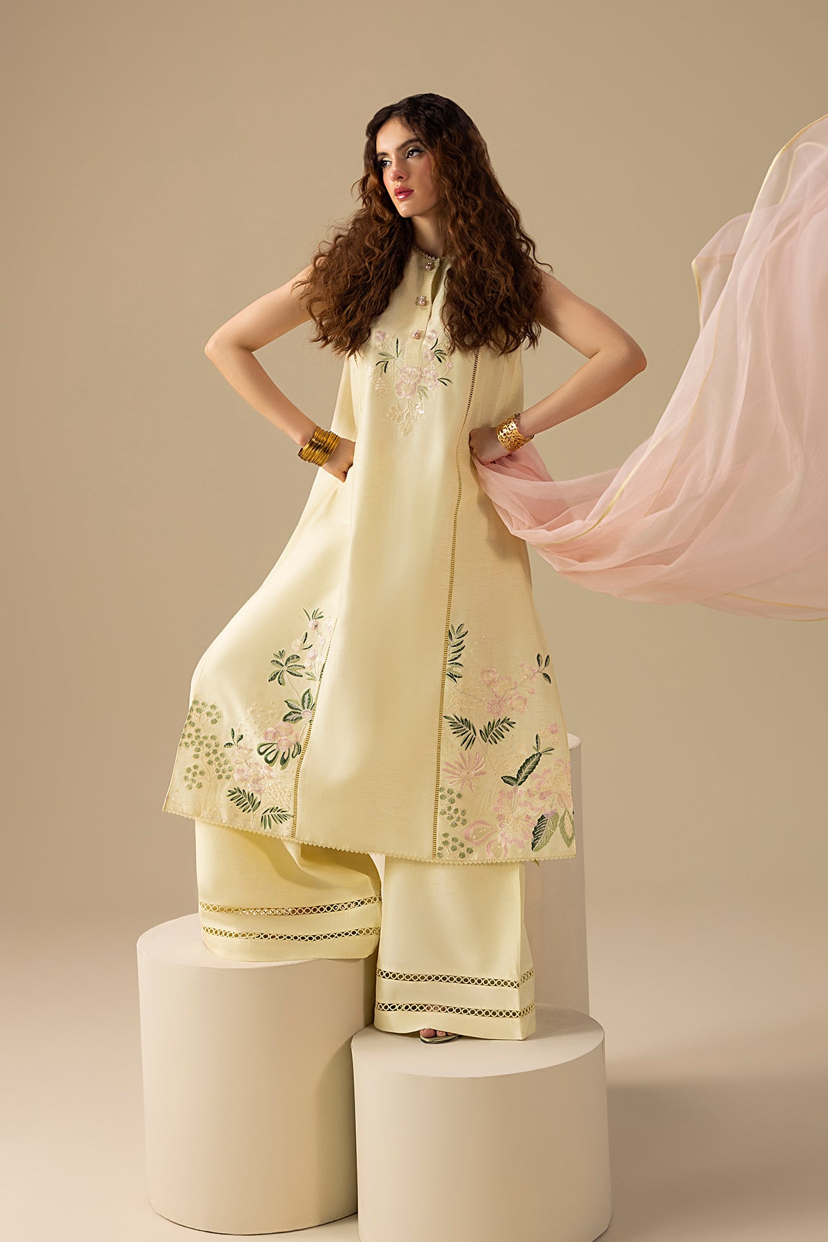 3 Piece Embroidered Raw Silk Suit