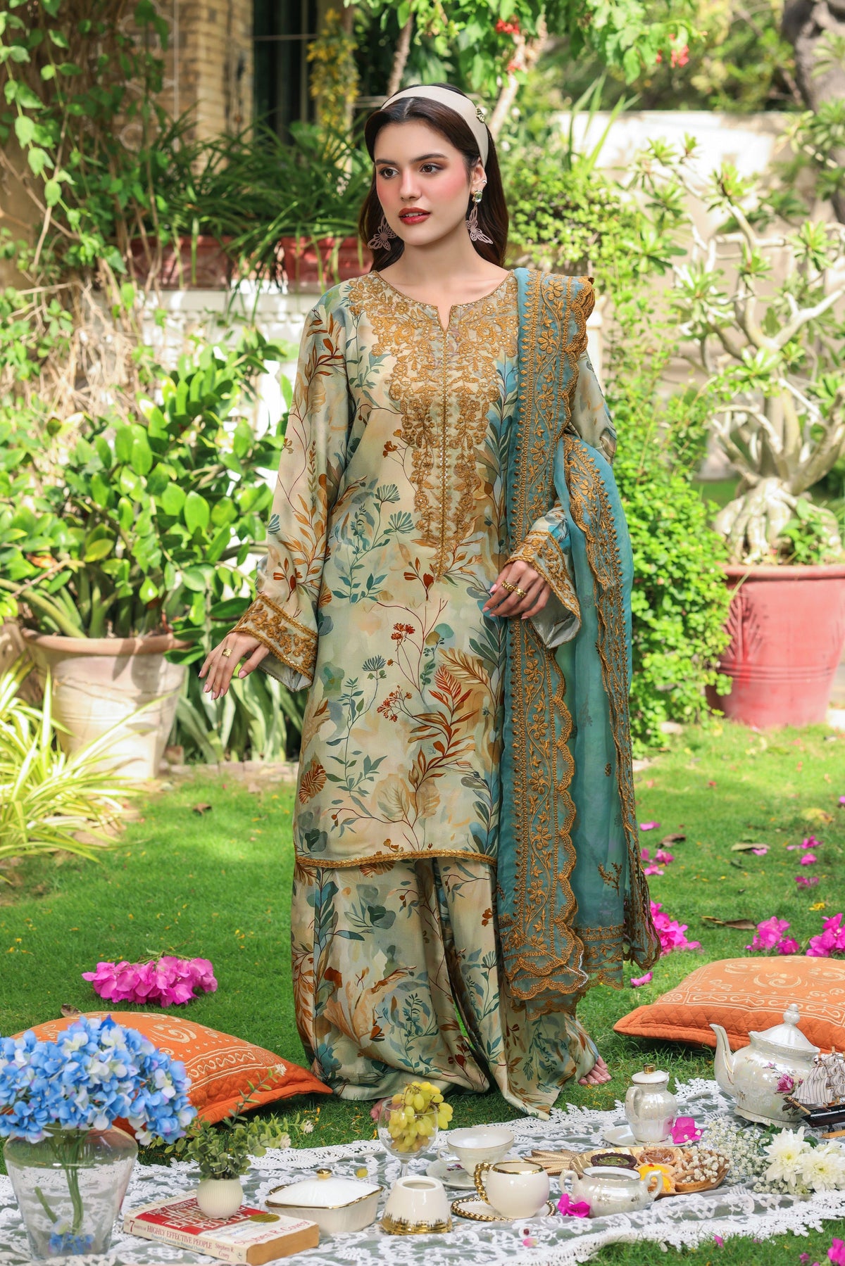 Aneelas Print Emb Raw Silk 3pc Emb Organza Duppata [FC-50] [Dispatch Time 2 Months]