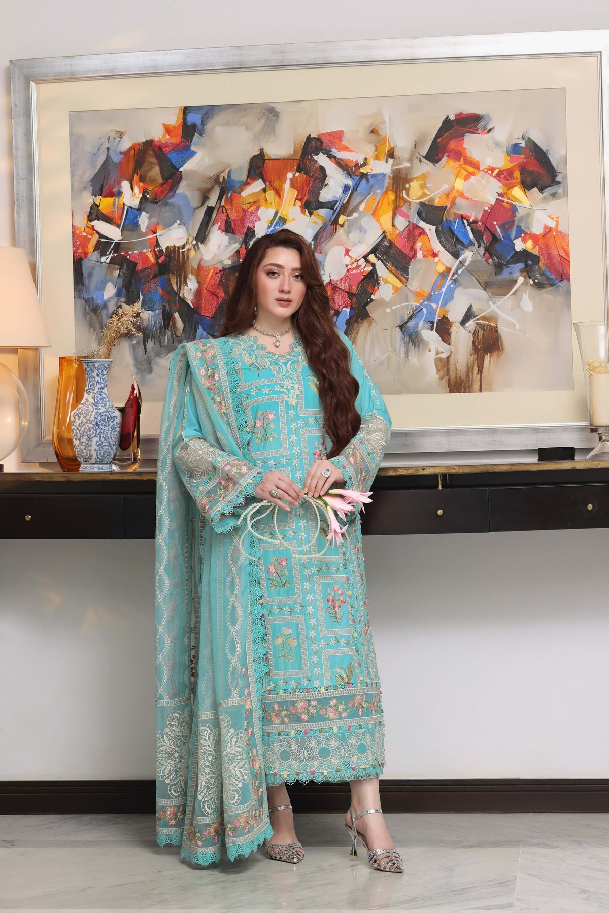 Aneelas Luxury Lawn Emb 3pc Khadi Net Duppata [LUX-26-80] [Dispatch Time 2 Months]