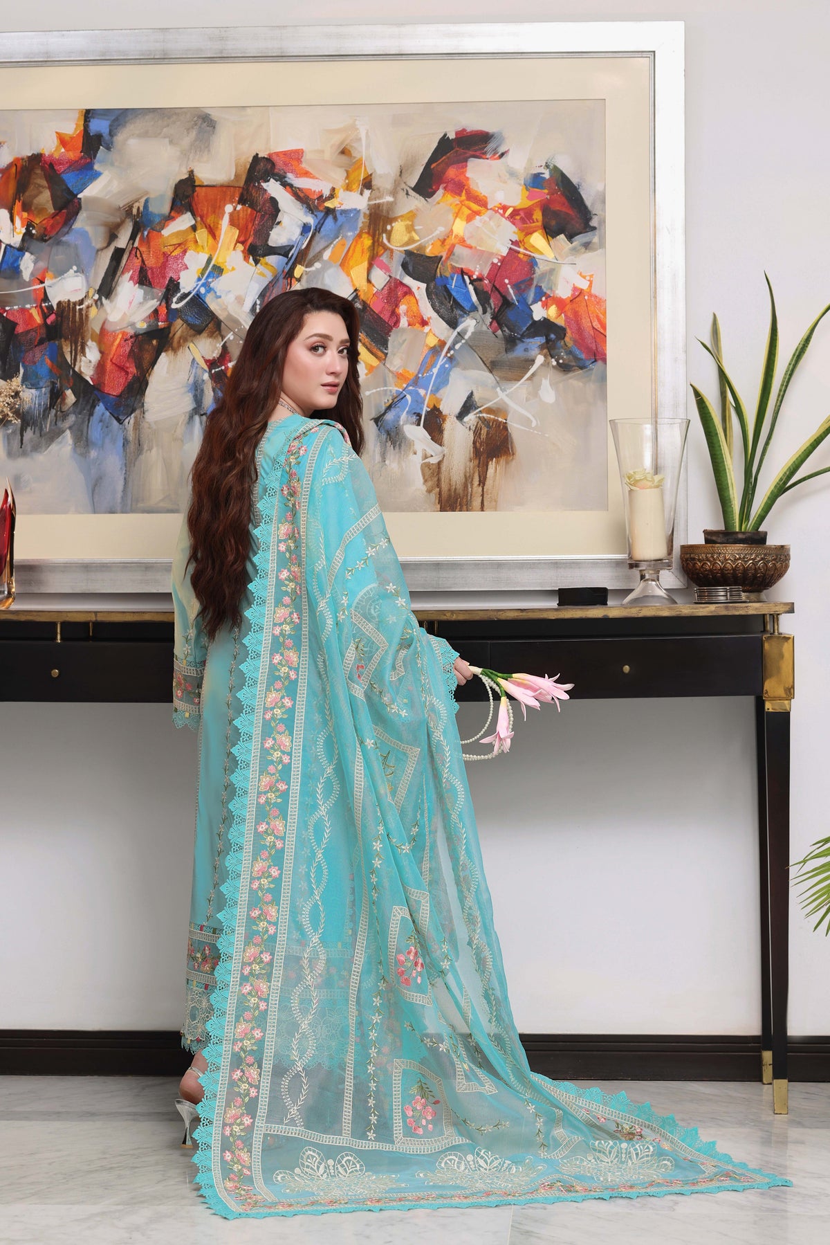 Aneelas Luxury Lawn Emb 3pc Khadi Net Duppata [LUX-26-80] [Dispatch Time 2 Months]